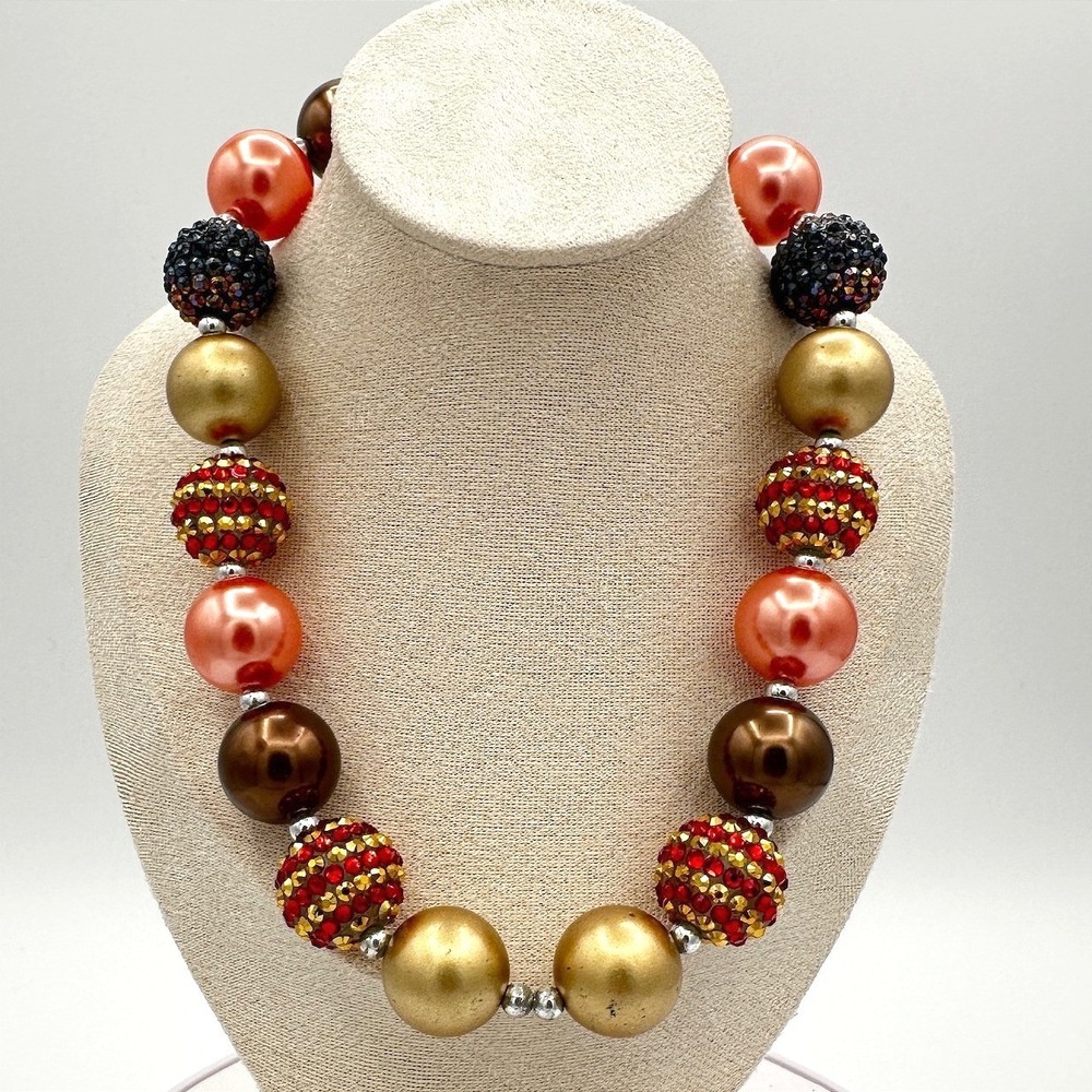 Vintage Chunky Bubble Bead Necklace Orange Gold Rhinestone Gumball Statement 90s